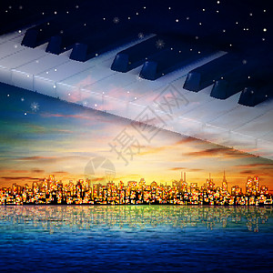 欧洲城市全景带有城市和钢琴键的抽象夜背景市中心剧院全景黄铜钥匙蓝调天际音乐家旋律金子插画