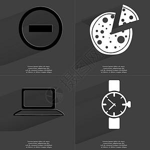 Minus 符号 比萨 笔记本 手表 长阴影的标志符号背景图片