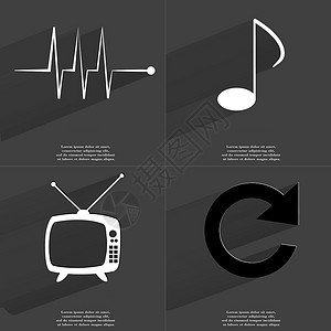 电视界面脉冲 注意符号 复古电视 重新加载图标 带有长阴影的符号 平面设计背景