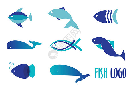 蓝色鱼类矢量说明 为海鲜餐馆或鱼店设置的简易鱼徽标背景图片