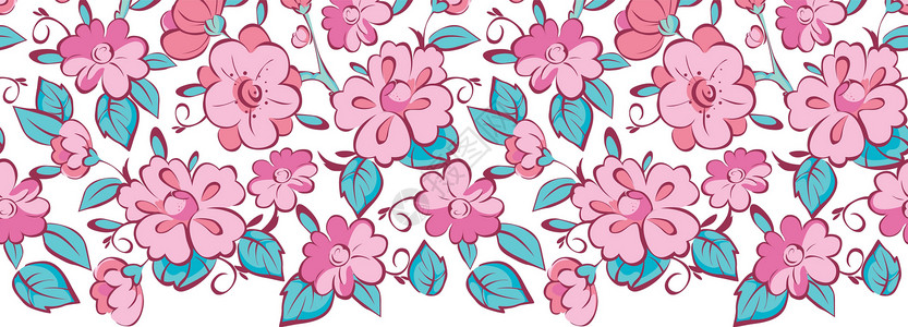 矢量粉红色蓝色和喜莫诺花朵水平边框背景图片