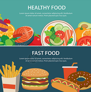 蔬菜包子健康食品和快餐食品概念横幅设计健康小吃饮食垃圾桌子网络水果薯条沙拉餐厅设计图片