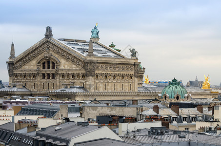 巴黎老佛爷百货Garnier宫(Opera House) 有巴黎屋顶背景