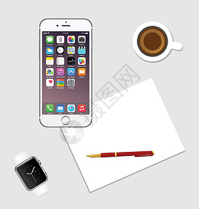 苹果iphone手表桌子咖啡工作记事本杯子插画