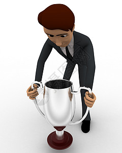 3D男子携带银奖杯奖金的概念渲染外套领带管理人员优胜者棕色男人卡通片插图杯子背景图片