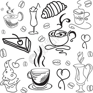 面包与咖啡豆用咖啡饮料和糕点绘制图像 矢量插图插画