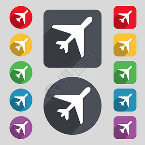 斯图尔特图标符号 一组由12个彩色按钮和长阴影组成 平坦设计 矢量航空公司乘客飞行员行李旅行飞机商业航班运输空气插画