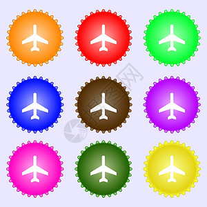 斯图尔特图标符号 一组九种不同颜色的标签 矢量空气手提箱乘客航班行李绝缘旅行天空商业运输设计图片
