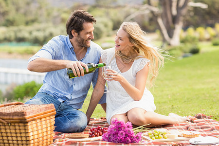 约会的情侣在酒杯里倒红酒女性感情服装绿地野餐男性晴天金发女郎微笑女士快乐的高清图片素材
