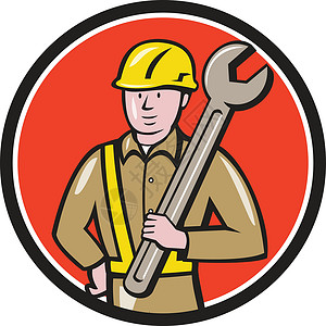 建筑工人斯潘纳环形画廊工人零售商男性圆圈插图安全帽艺术品工业男人扳手背景图片