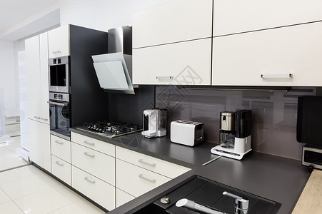 现代高塔厨房 清洁室内设计风格公寓电器火炉房子烹饪台面合金橱柜内阁背景图片