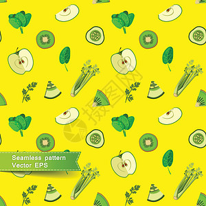 健康有机菠菜无缝模式与水果和蔬菜的切片插画