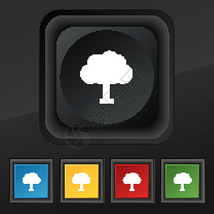 黑纹头雁树 森林图标符号 用于设计设计的黑纹理上五个彩色 时髦的按钮集 矢量插画