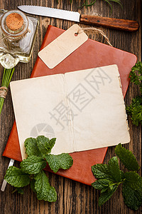 空白纸调味品香料草药家庭食谱写作木板烹饪记事本薄荷背景图片