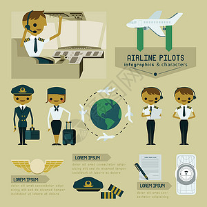 登飞机的驾驭员航空试点信息信息图和字符插画