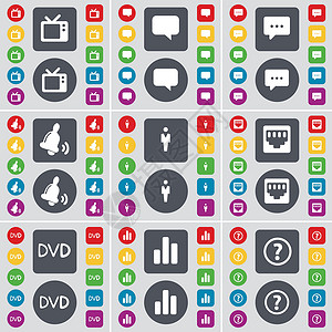 彩色问号复古电视 聊天气泡 贝尔 剪影 LAN 插座 DVD 图表 问号图标符号 一大套平面彩色按钮 适合您的设计 向量插画