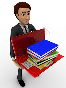 3名持有笔记本电脑概念书籍的男子卡通片渲染领带男人外套管理人员图书棕色背景图片