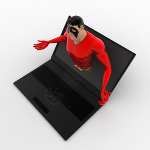 3D超级英雄欢迎通过笔记本电脑概念超级英雄卡通片渲染背景图片