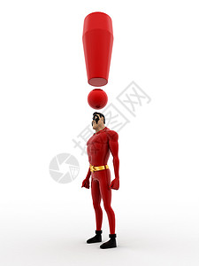 3D超级英雄 头部概念上有大红色感叹标志超级英雄白色背景图片