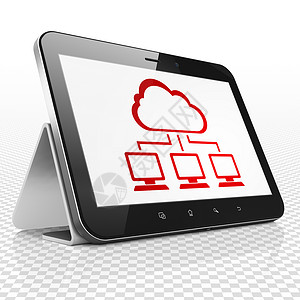 云计算概念平板电脑与云网络上显示技术互联网笔记本软件计算高科技工具屏幕触摸屏软垫背景图片