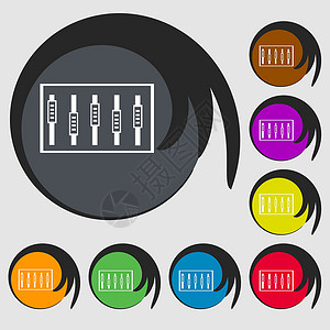 Dj 控制台组合控件控点和按钮 关卡图标 八个有色按钮上的符号 矢量背景图片