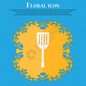 厨房电器图标符号 Floral 平板设计在蓝色抽象背景上 有文本的位置 矢量食物厨具工具刀具插图餐具烹饪配饰器具勺子背景图片