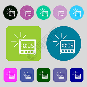 电子时钟数字提醒时钟图标符号 12个彩色按钮 平面设计 矢量插画