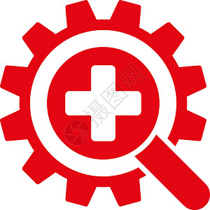 寻找医疗技术图标字形探索放大镜工业工具进步齿轮配置红色工程背景图片