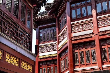 中国上海老屋红屋顶Yuyuuan历史商店老房子文化建筑餐厅传统建筑学历史性游客背景图片