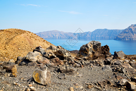 欧洲桑托里尼山地火山土地公园地质学植物遗产衬套火山口旅行旅游荒野火山背景图片