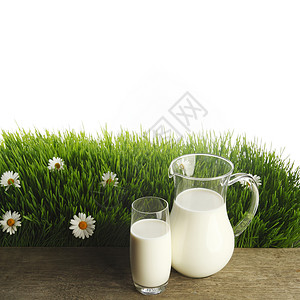 花地上的牛奶罐和玻璃杯玻璃农场农业乡村牧场奶制品白色国家甘菊水壶背景图片
