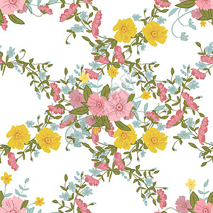 粉色小野花大 小粉色 蓝色和黄色的抽象花卉组合物婚礼邀请函绘画装饰玫瑰插图植物叶子卡片花园插画