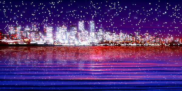 抽象背景与 cit 的剪影全景日出建筑学摩天大楼城市星星反射日落建筑艺术背景图片