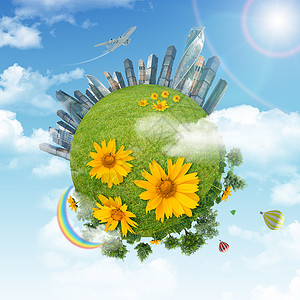 大地与城市和太阳建筑喷射气球花朵天空绿色蓝色彩虹背景图片