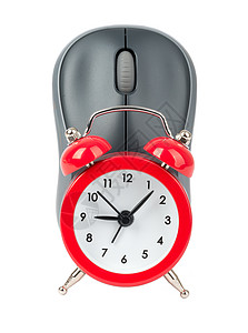 带闹钟的计算机鼠标数字时间警报老鼠时钟指针白色小时背景图片