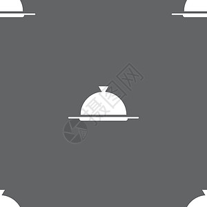 灰色美食餐盘中显示符号的食品图标 餐桌设置为餐厅符号 灰色背景上的无缝模式 矢量创造力角落美食按钮服务员令牌标签奢华环境食物插画