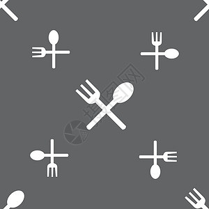 灰色勺子叉子和勺子交叉 餐具 食用图标符号 无缝模式在灰色背景上 矢量海豹圆形按钮邮票用餐礼仪桌子质量厨房食物插画