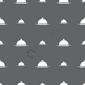 灰色美食餐盘中显示符号的食品图标 餐桌设置为餐厅符号 灰色背景上的无缝模式 矢量创造力令牌餐具食物按钮标签服务美食环境角落插画