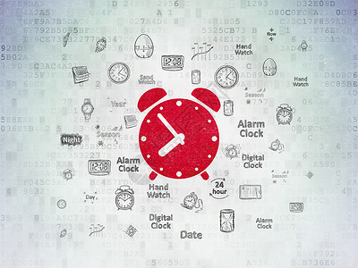 时间表概念 数字纸张背景的警钟时钟代码数据历史小时白色红色倒数时间展示技术背景图片