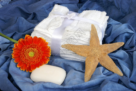 菊海星清洁度化妆品卫生间海星白色面巾肥皂浴室卫生产品洗澡背景