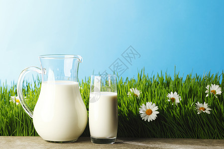 花地上的牛奶罐和玻璃杯白色蓝色牧场雏菊农业绿色天空洋甘菊甘菊水壶背景图片