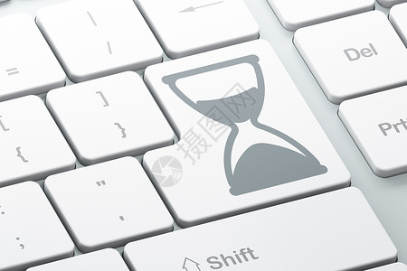 计算机键盘背景上的时间轴概念沙漏展示钥匙手表时间历史滴漏白色小时倒数年表背景图片