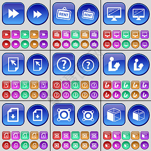 倒带 出租 监视器 文件 问号 阅读 文件 扬声器 立方体 一大套多色按钮 向量背景图片