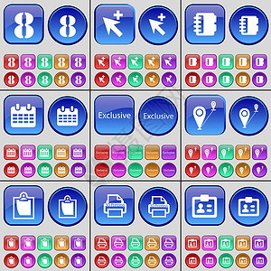 八 光标 笔记本 日历 专属 关卡 调查 3D打印 联系人 一大套多色按钮 向量插画