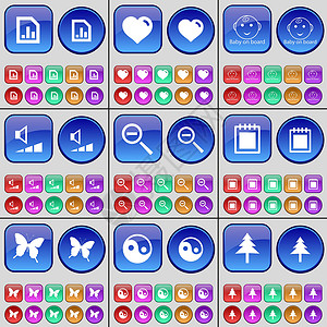 图 心 船上婴儿 体积 放大镜 日历 蝴蝶 阴阳 杉树 一大套多色按钮 向量背景图片