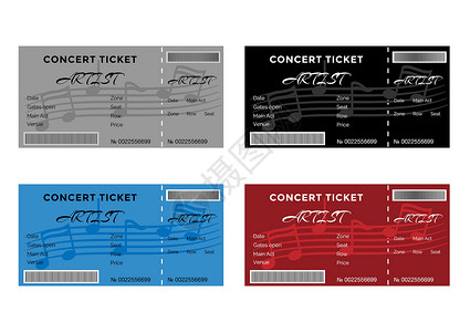 音乐门票一套配有音乐笔记的彩色音乐会票插画