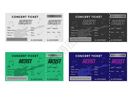 音乐门票一套配有吉他和音乐笔记的彩色音乐会票插画