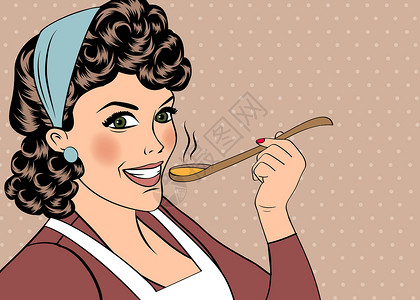 长柄厨勺汤勺子流行艺术古代女人 用围裙来品尝她的食物妻子卡片烹饪美食餐厅工作流行音乐厨房家庭盘子插画