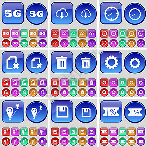 5G 云 时钟 文件 垃圾桶 齿轮 关卡 软盘 门票 一大套多色按钮背景图片