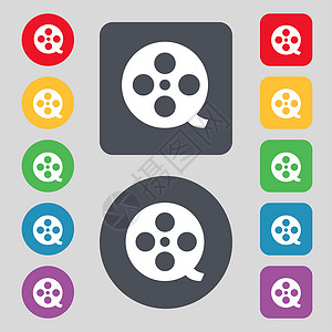 电影盘图标胶片图标符号 一组有12色按钮 设计平坦卷轴磁带娱乐屏幕摄影剧院插图幻灯片记板运动背景